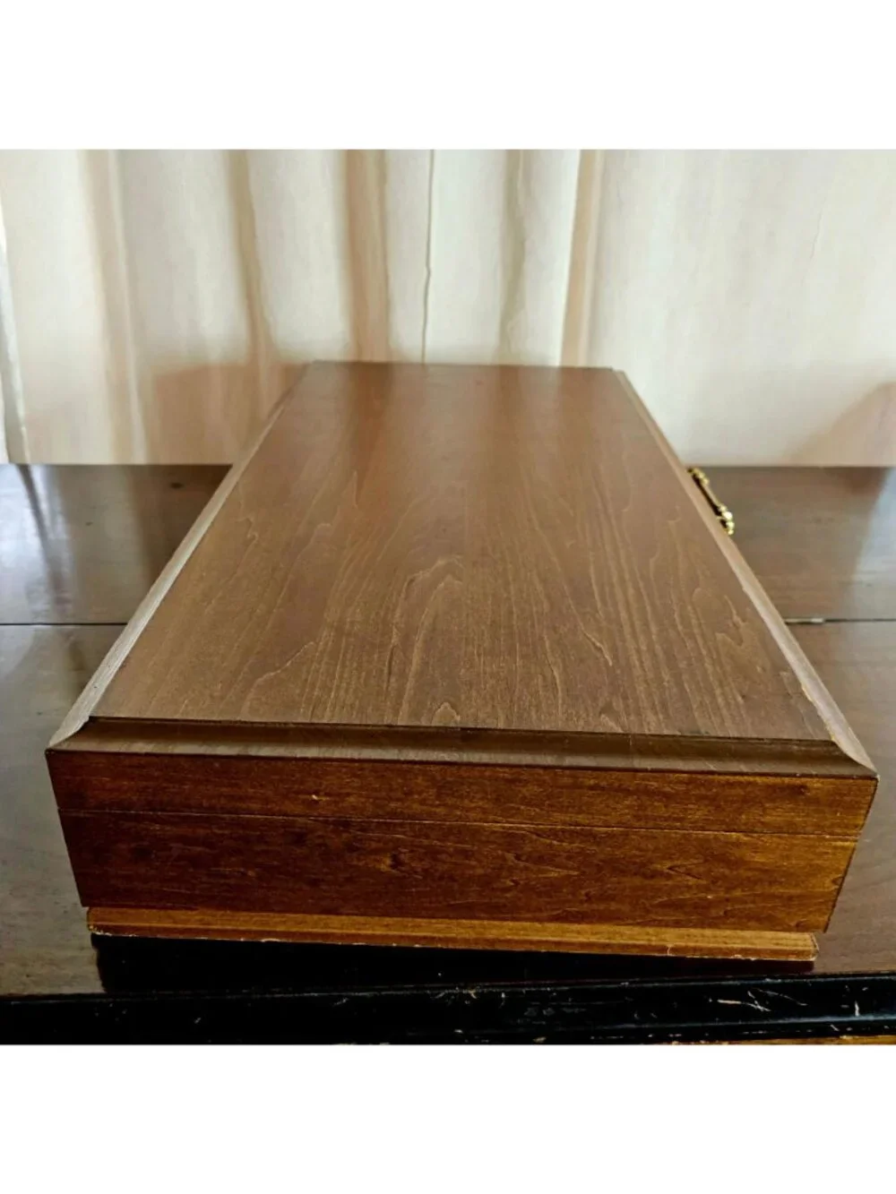 Wood Flatware Silverware Chest 23" brown fabric lined box vtg 90s holder keeper - Picture 2 of 9